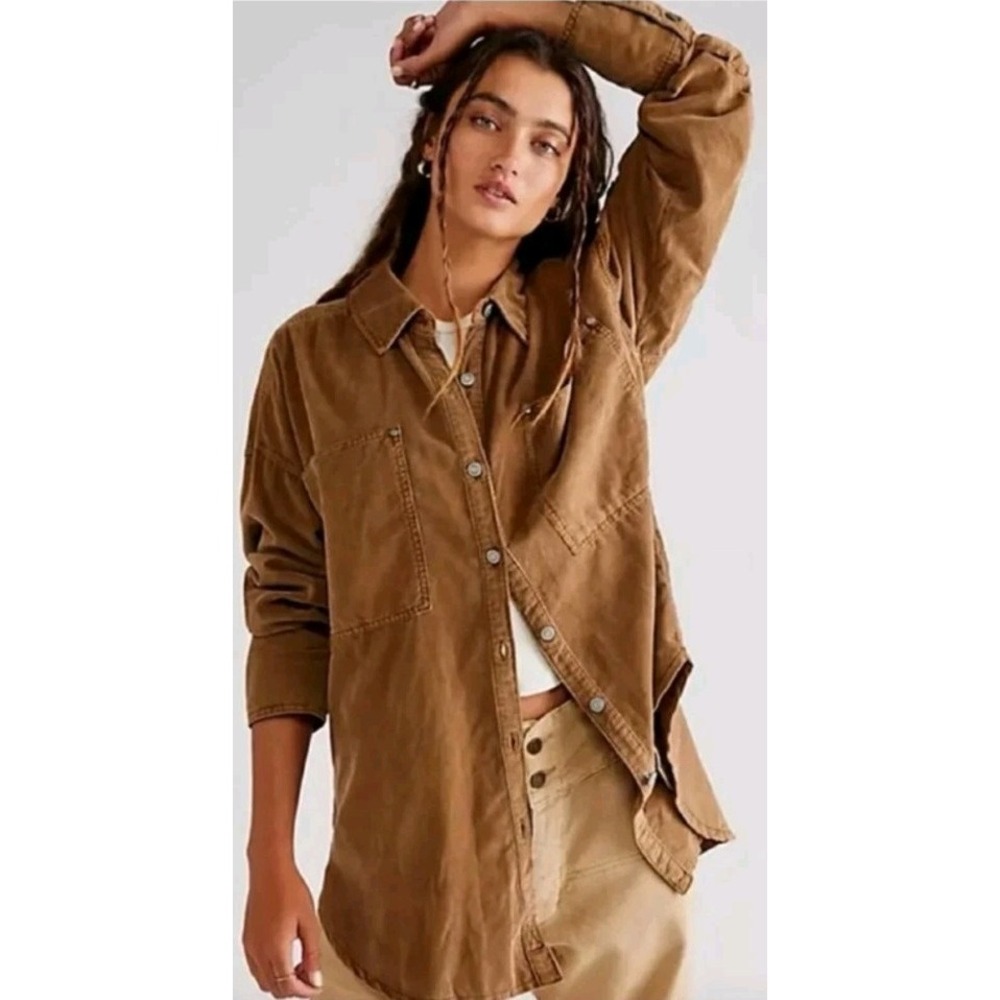 Free People We The Free Baby Cord Buttondown Shirt Warm Tobacco Brown Size M - Picture 2 of 14